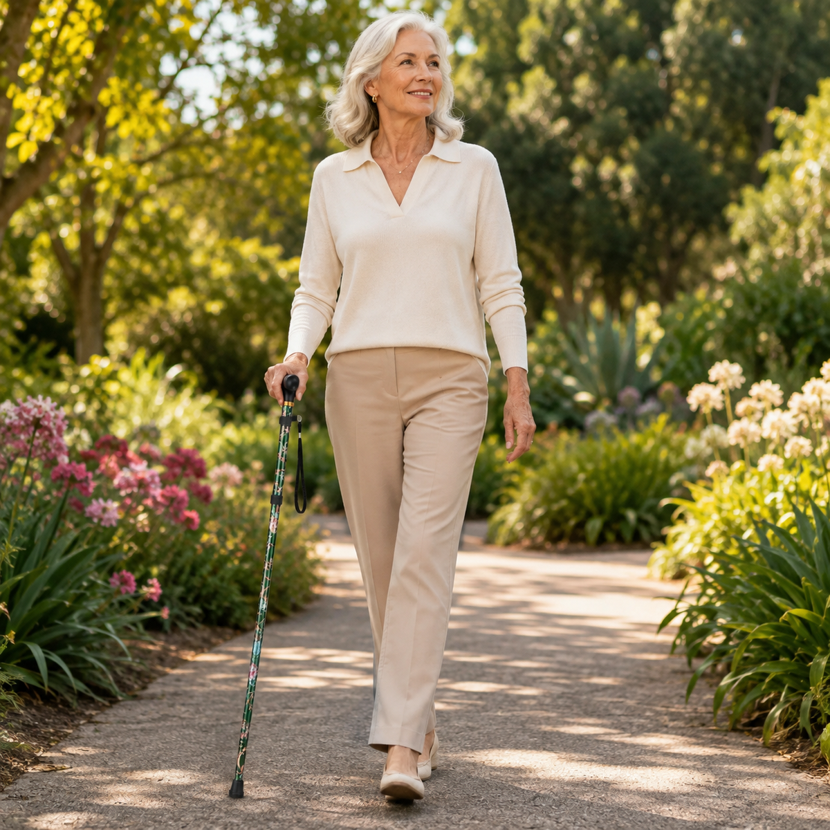 Adjustable Folding Cane with Floral Print & Lightweight Aluminum Frame for Travel