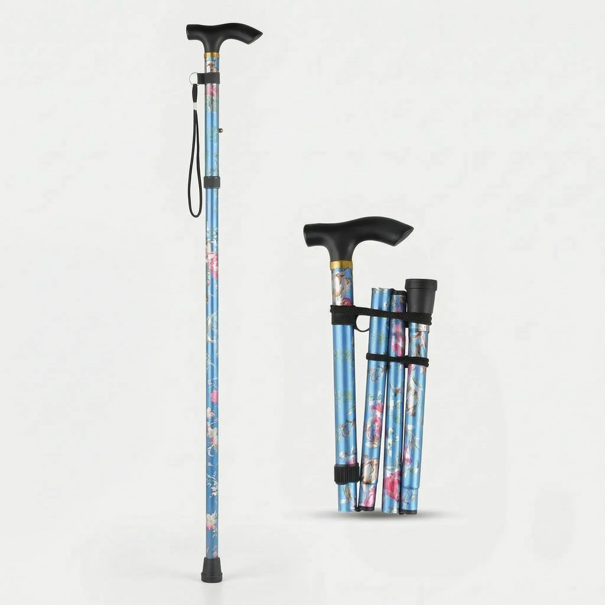Adjustable Folding Cane with Floral Print & Lightweight Aluminum Frame for Travel