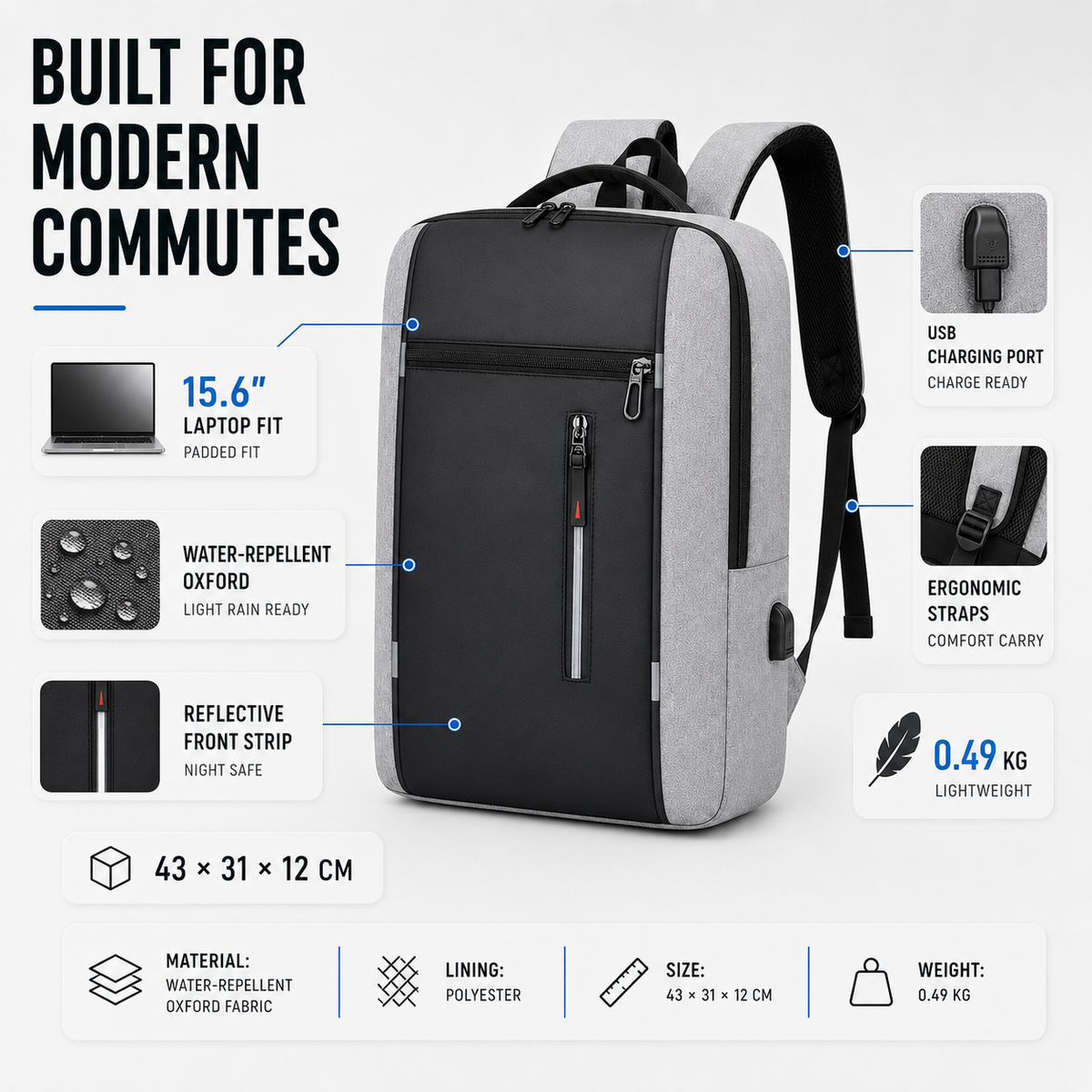 Sac à dos imperméable pour ordinateur portable avec port de charge USB – Compartiment rembourré pour ordinateur 15,6 pouces – Sac de jour pour le travail, l'école et les voyages