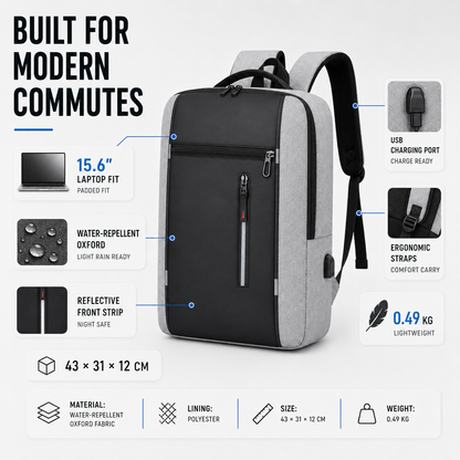 Sac à dos imperméable pour ordinateur portable avec port de charge USB – Compartiment rembourré pour ordinateur 15,6 pouces – Sac de jour pour le travail, l'école et les voyages