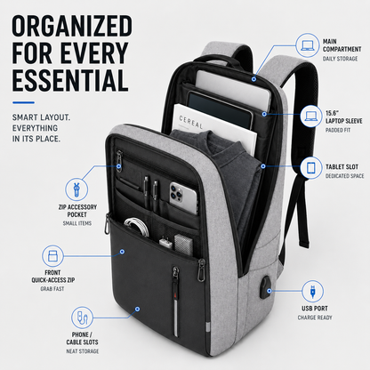 Sac à dos imperméable pour ordinateur portable avec port de charge USB – Compartiment rembourré pour ordinateur 15,6 pouces – Sac de jour pour le travail, l'école et les voyages