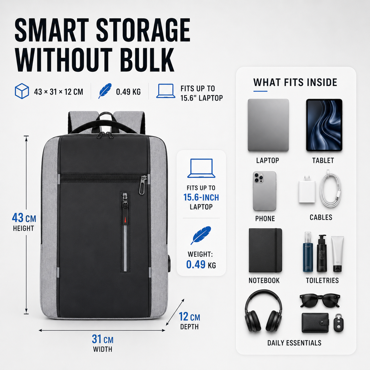 Sac à dos imperméable pour ordinateur portable avec port de charge USB – Compartiment rembourré pour ordinateur 15,6 pouces – Sac de jour pour le travail, l'école et les voyages