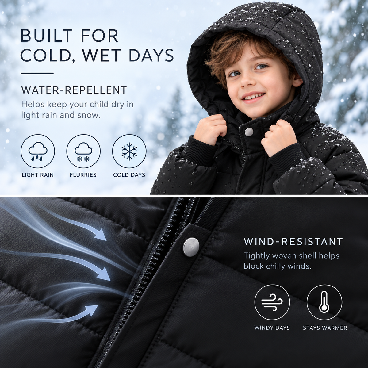 Insulated Longline Hooded Puffer Jacket for Kids – Full-Zip Heavyweight Winter Coat Ages 3-12