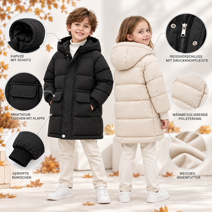 Insulated Longline Hooded Puffer Jacket for Kids – Full-Zip Heavyweight Winter Coat Ages 3-12