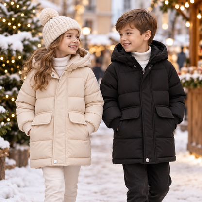 Insulated Longline Hooded Puffer Jacket for Kids – Full-Zip Heavyweight Winter Coat Ages 3-12