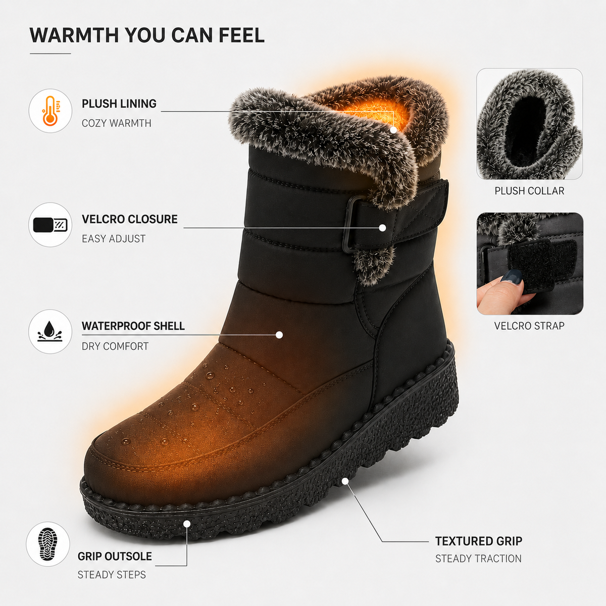 Women's Waterproof Snow Boots with Plush Lining and Non-Slip Sole for Winter | Ankle-High Velcro Closure Insulated Footwear