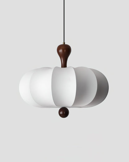 Sculptural White Pendant Light with Walnut Wood Dome and Fabric Shade for Dining Room