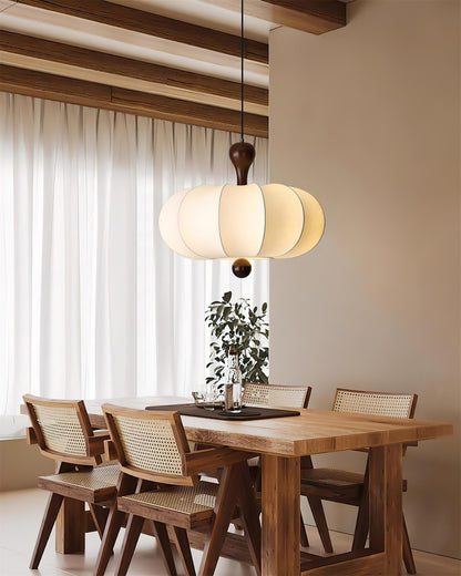 Sculptural White Pendant Light with Walnut Wood Dome and Fabric Shade for Dining Room