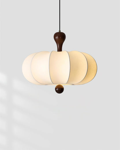 Sculptural White Pendant Light with Walnut Wood Dome and Fabric Shade for Dining Room