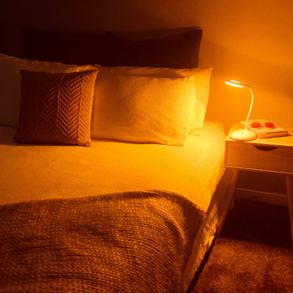 Rechargeable Amber Reading Light with Flexible Gooseneck | Blue-Free LED Desk & Bedside Lamp for Sleep Support | 3 Brightness Settings