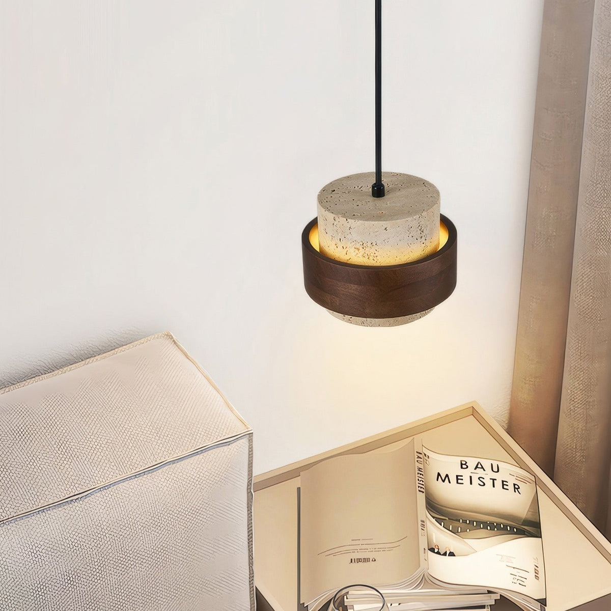 Stone & Wood Drop Ceiling Fixture 6.7 Inch Natural Travertine Hanging Light for Dining Table Kitchen Island Bedside Minimalist Adjustable Co