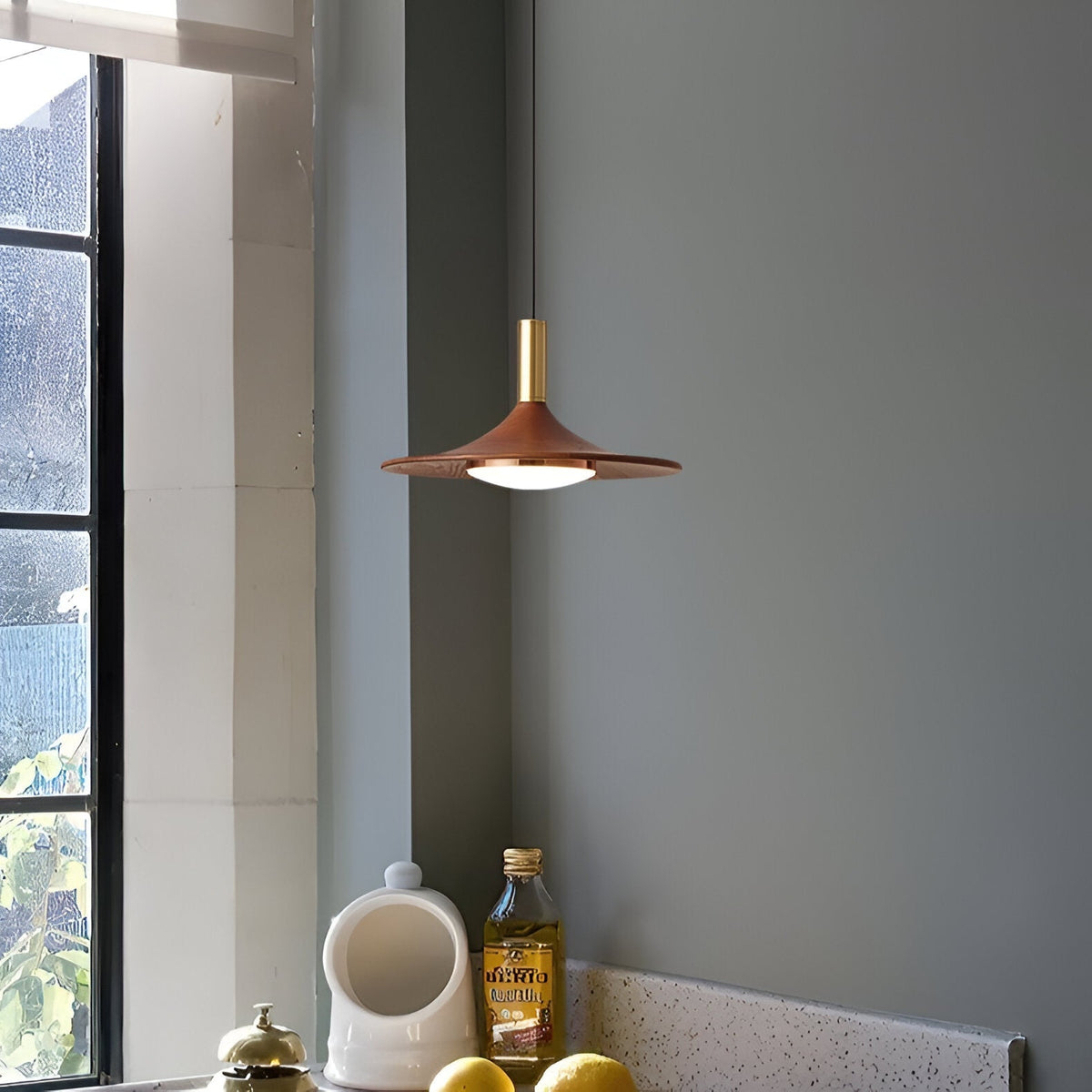 Sculptural Metal Shade Ceiling Fixture with Organic Wood-Tone Accent – 10 in or 14 in Drop Light for Island Counter Bar and Breakfast Nook –