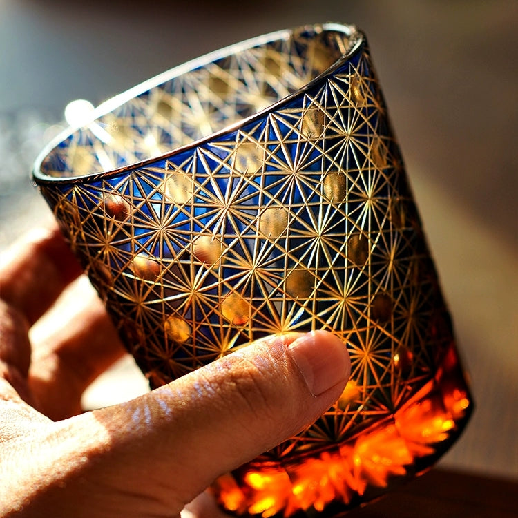 Cut Crystal Whisky Tumblers with Starburst Floral Design in Amber Glass for Bourbon, Scotch & Cocktails