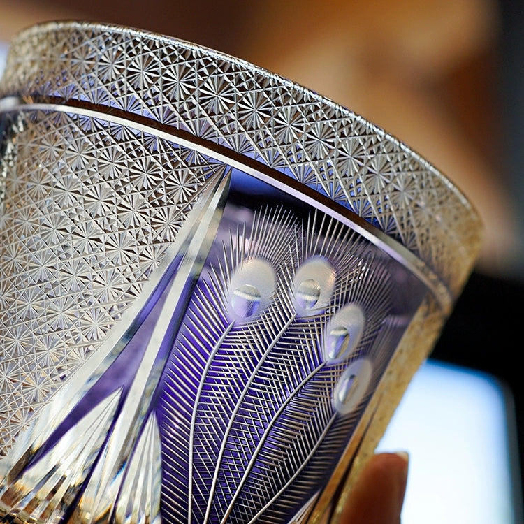 Japanese Cut Crystal Spirits Tumbler with Purple Peacock Motif & Gift Box for Whiskey Bourbon Scotch Cocktails Home Bar Drinkware Glassware