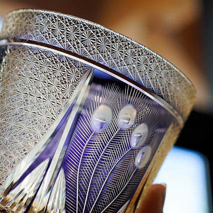 Japanese Cut Crystal Spirits Tumbler with Purple Peacock Motif & Gift Box for Whiskey Bourbon Scotch Cocktails Home Bar Drinkware Glassware