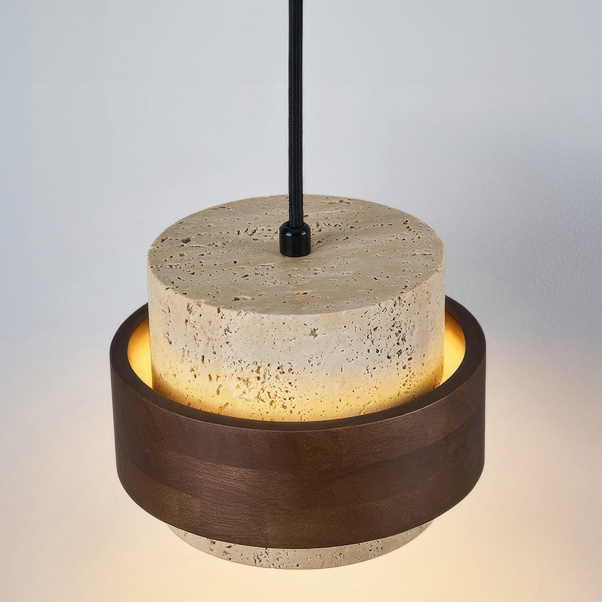 Stone & Wood Drop Ceiling Fixture 6.7 Inch Natural Travertine Hanging Light for Dining Table Kitchen Island Bedside Minimalist Adjustable Co