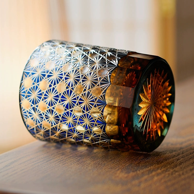 Cut Crystal Whisky Tumblers with Starburst Floral Design in Amber Glass for Bourbon, Scotch & Cocktails