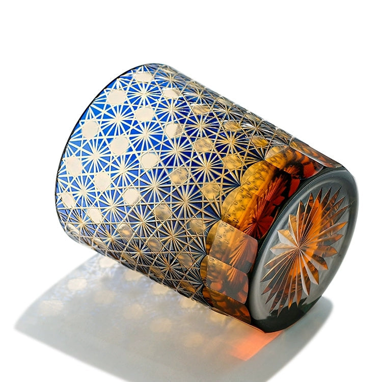 Cut Crystal Whisky Tumblers with Starburst Floral Design in Amber Glass for Bourbon, Scotch & Cocktails