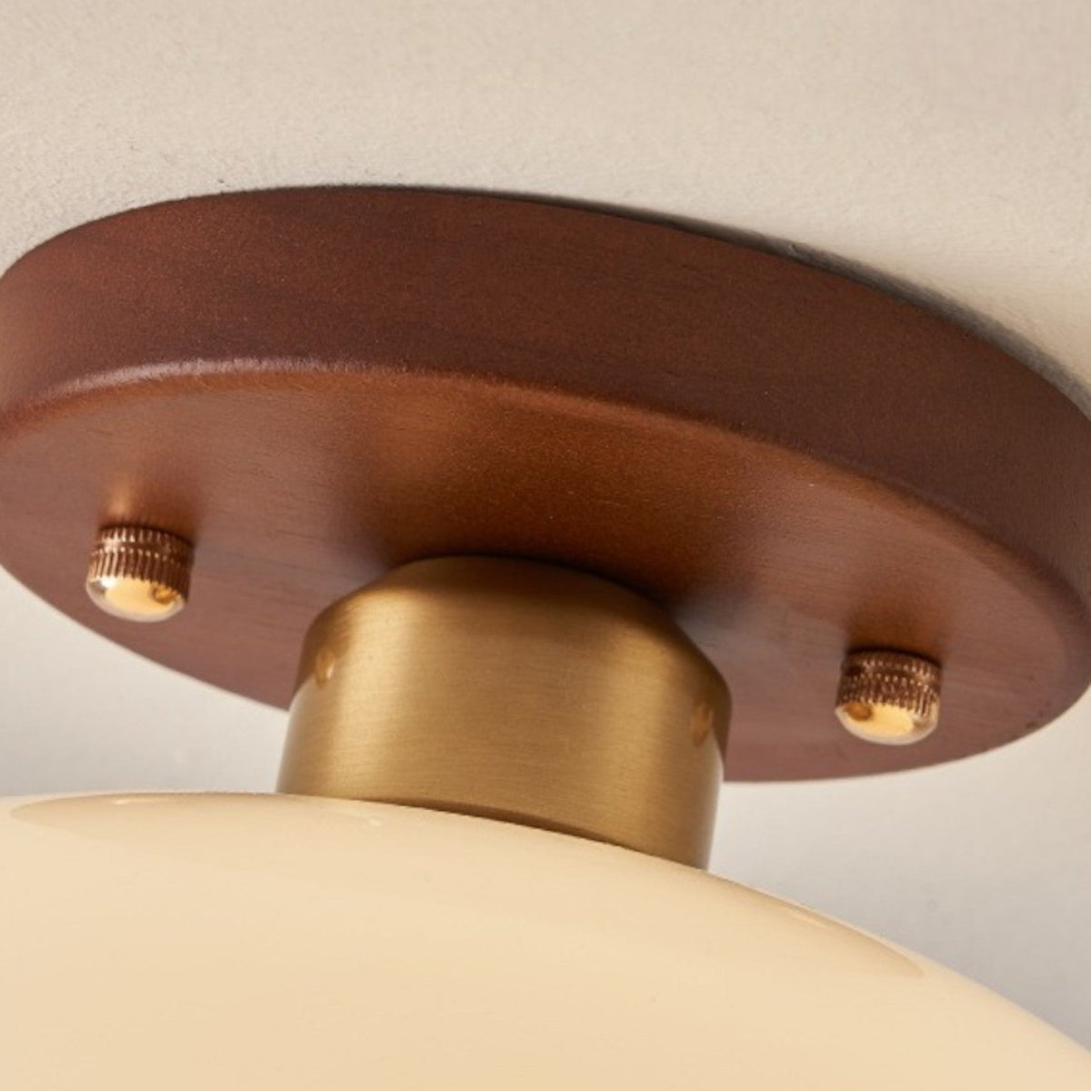 Mid-Century Opal Glass Ceiling Light with Wood Accent – Warm Ambient Flush Mount for Living Room & Bedroom