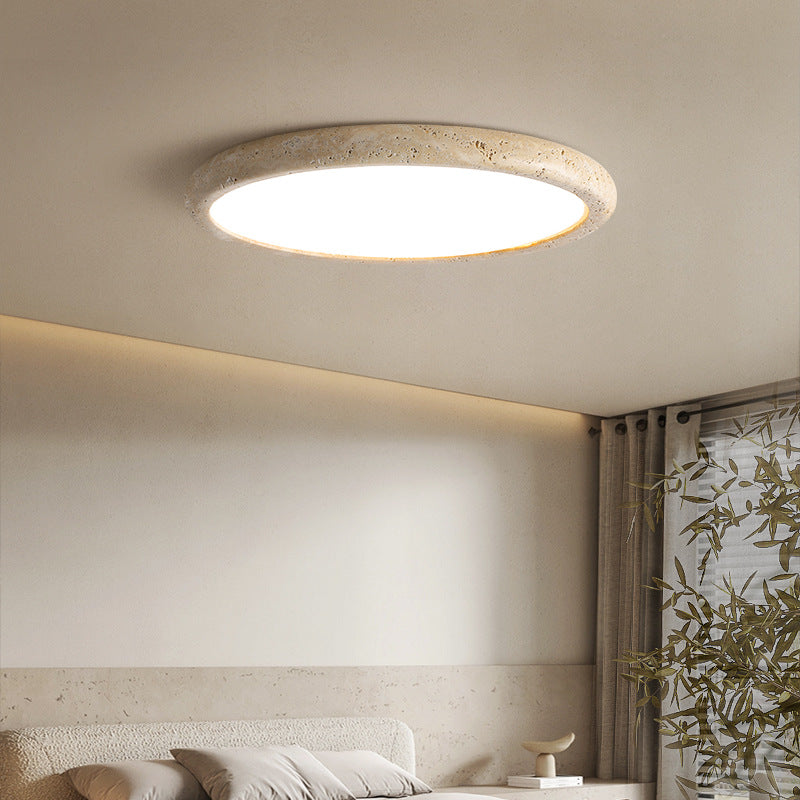 Plafonnier encastré en pierre ronde, 15 po de diamètre, LED chaude 3000K pour chambres et salles à manger, texture beige naturel, lampe de plafond câblée