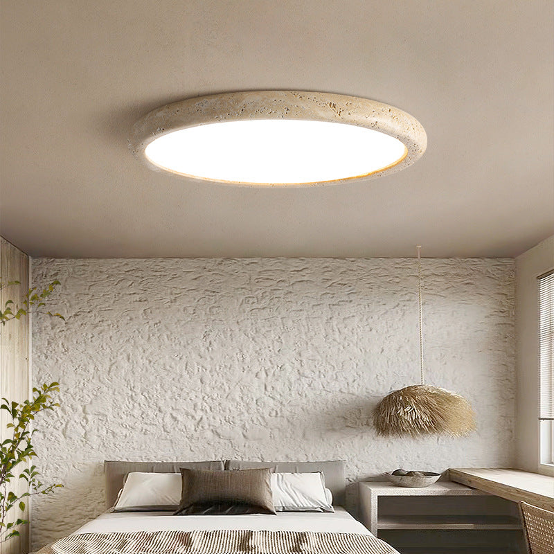 Plafonnier encastré en pierre ronde, 15 po de diamètre, LED chaude 3000K pour chambres et salles à manger, texture beige naturel, lampe de plafond câblée
