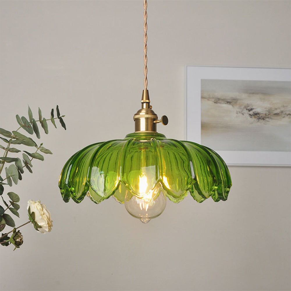 Floral Glass Shade Ceiling Fixture Green 10 Inch Adjustable Cord E27 Socket for Dining Room Kitchen Hallway Vintage Copper Accent Home Light
