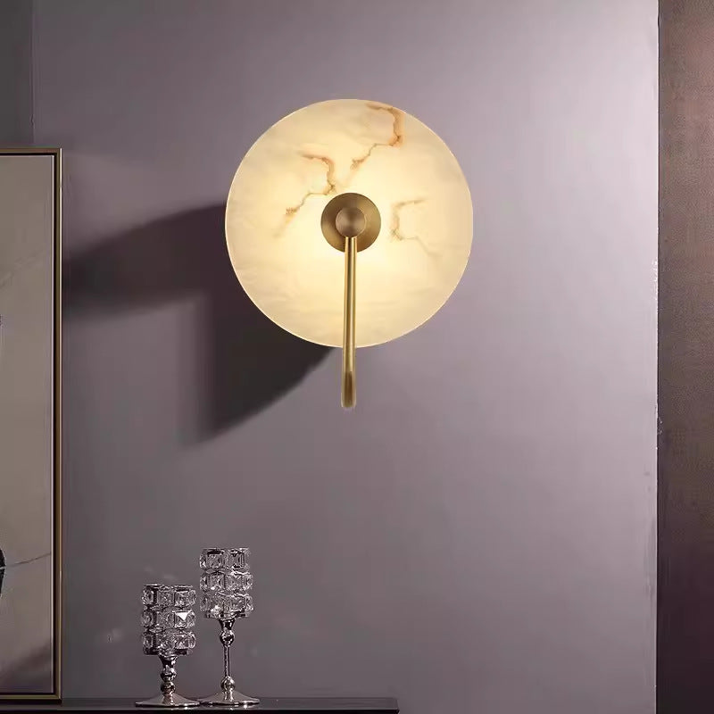 Alabaster Disc Sconce with Gold Arm – Natural Stone Wall Light for Bedroom, Living Room & Hallway – Integrated LED 6 to 12 Inch – Warm White