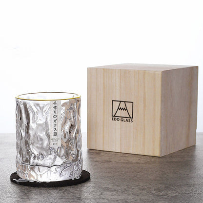 Rocks Glass with Geometric Faceted Cuts for Bourbon Scotch & Cognac | Textured Crystal Tumbler Set with Wood Box & Coaster for Home Bar | Ol