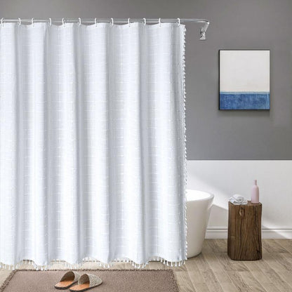 Waterproof Bath Curtain with Tassel Trim 71 x 79 Inches Gray Woven Linen Privacy Screen for Bohemian Bathrooms Country Style Decor Machine W