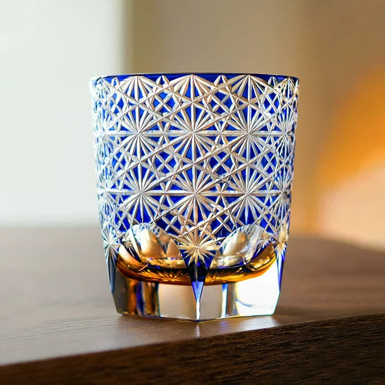 Hand-Cut Crystal Tumbler for Bourbon & Spirits, Blue-Amber Glass with Authentic Japanese Patterns, Gift-Ready Keepsake Box for Collectors