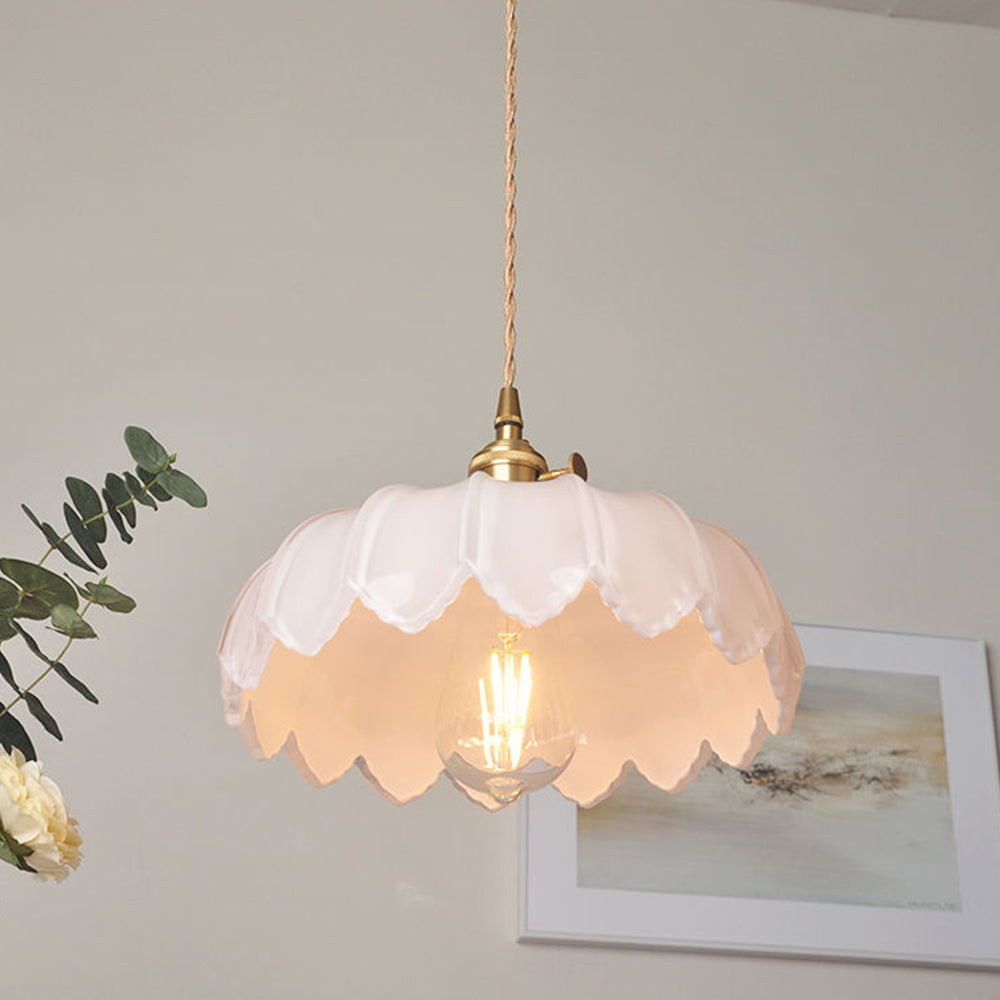 Floral Glass Shade Ceiling Fixture Green 10 Inch Adjustable Cord E27 Socket for Dining Room Kitchen Hallway Vintage Copper Accent Home Light