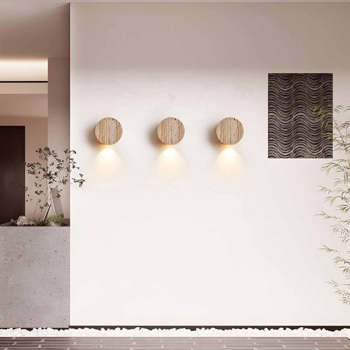 Travertine Stone Wall Sconce Round Frosted Glass Up Down Light Fixture 4 Inch Natural Stone Ambient Lighting Bedroom Hallway Entryway Bathro