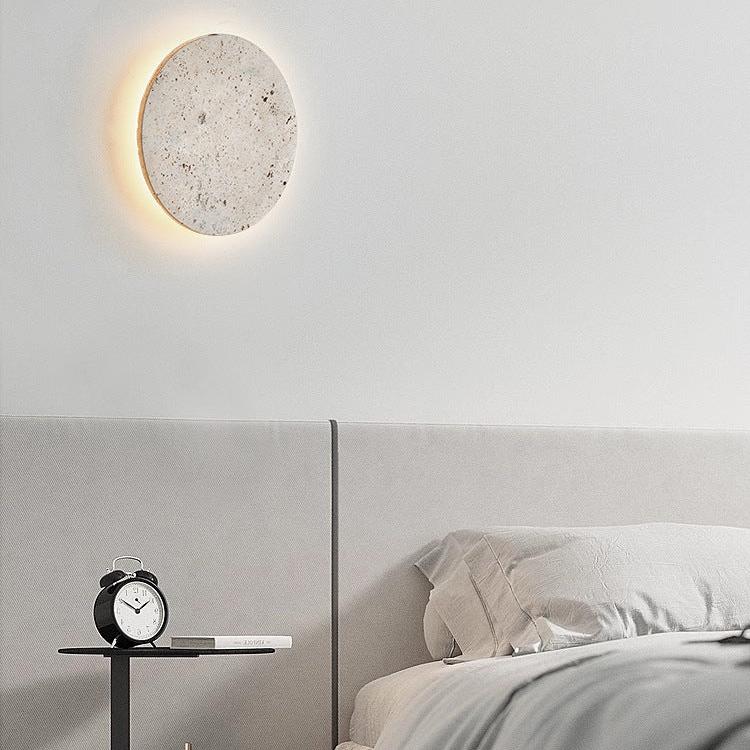 Round Stone Wall Sconce with Integrated Warm LED Light for Bedroom Hallway Living Room Modern Minimalist Travertine Fixture Indoor Ambient L