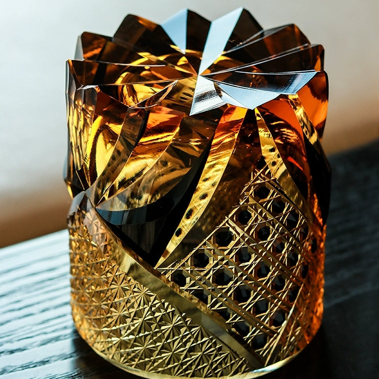 Geometric Cut Crystal Rocks Glass for Bourbon, Scotch & Neat Spirits | Dark Amber Tumbler with Wooden Gift Box for Home Bar & Whisky Enthusi