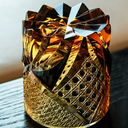 Geometric Cut Crystal Rocks Glass for Bourbon, Scotch & Neat Spirits | Dark Amber Tumbler with Wooden Gift Box for Home Bar & Whisky Enthusi