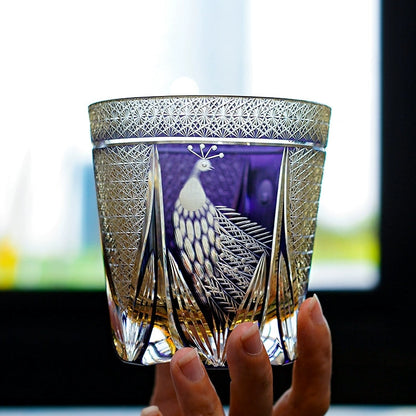 Japanese Cut Crystal Spirits Tumbler with Purple Peacock Motif & Gift Box for Whiskey Bourbon Scotch Cocktails Home Bar Drinkware Glassware