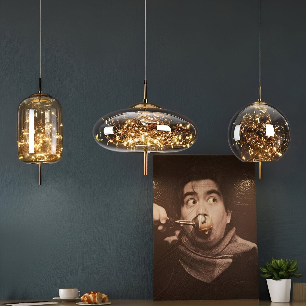 Glass Hanging Fixture with Adjustable Cord for Dining Table & Kitchen Island | Modern Suspended Light in Amber or Gray | Oval Sphere Capsule