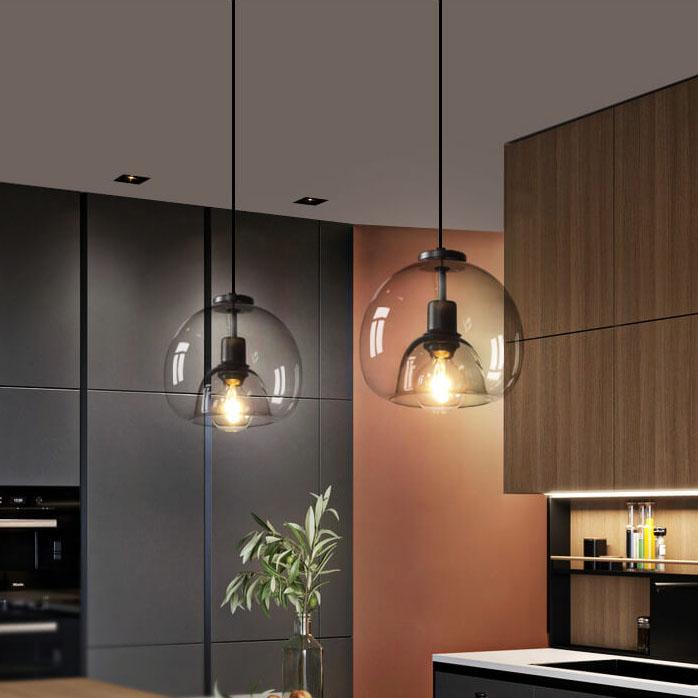 Gray Tinted Glass Drop Light with Adjustable 59-Inch Cord for Kitchen Island, Dining Area & Bedroom – E27 Socket Ceiling Fixture