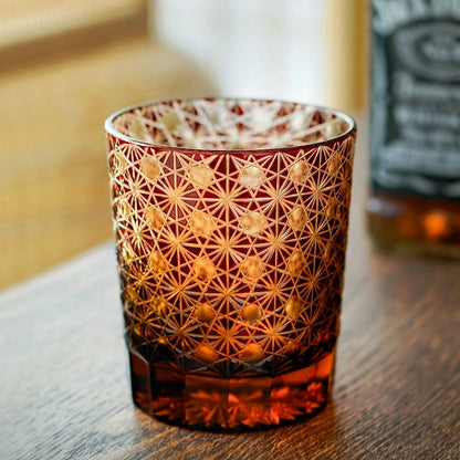 Cut Crystal Whisky Tumblers with Starburst Floral Design in Amber Glass for Bourbon, Scotch & Cocktails