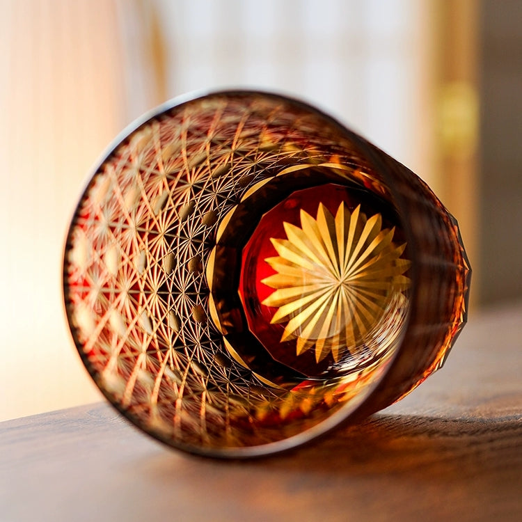 Cut Crystal Whisky Tumblers with Starburst Floral Design in Amber Glass for Bourbon, Scotch & Cocktails
