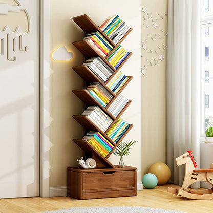 Modern Geometric Storage Tower Shelf Unit 6-12 Open Tiers Walnut Natural Wood for Living Room Study Den Small Spaces