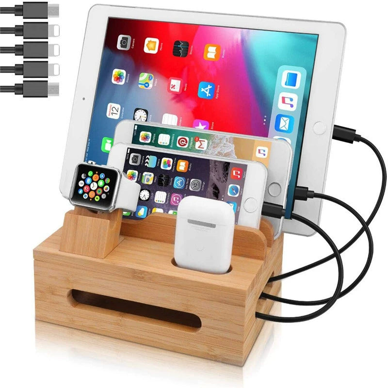 Eco-Friendly Bamboo Charging Station | 5-Port USB Organizer with Smartwatch & Earbuds Holders for Efficient Device Management