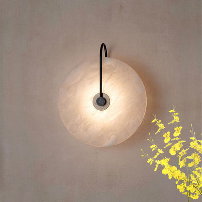 Alabaster Disc Sconce with Gold Arm – Natural Stone Wall Light for Bedroom, Living Room & Hallway – Integrated LED 6 to 12 Inch – Warm White