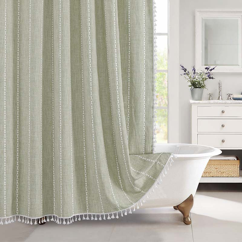 Waterproof Bath Curtain with Tassel Trim 71 x 79 Inches Gray Woven Linen Privacy Screen for Bohemian Bathrooms Country Style Decor Machine W