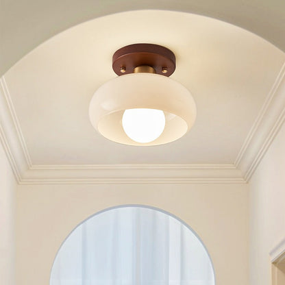 Mid-Century Opal Glass Ceiling Light with Wood Accent – Warm Ambient Flush Mount for Living Room & Bedroom