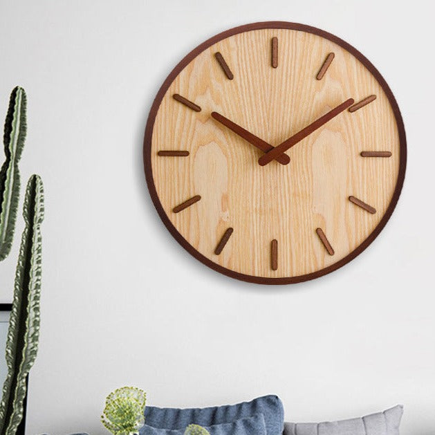 12-Inch Noiseless Timepiece Natural Wood Finish Brown Round Clock for Bedroom Office Living Space Home
