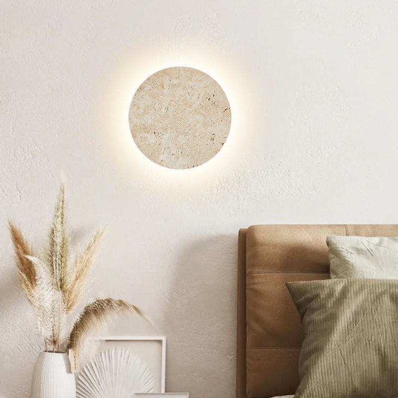 Round Stone Wall Sconce with Integrated Warm LED Light for Bedroom Hallway Living Room Modern Minimalist Travertine Fixture Indoor Ambient L