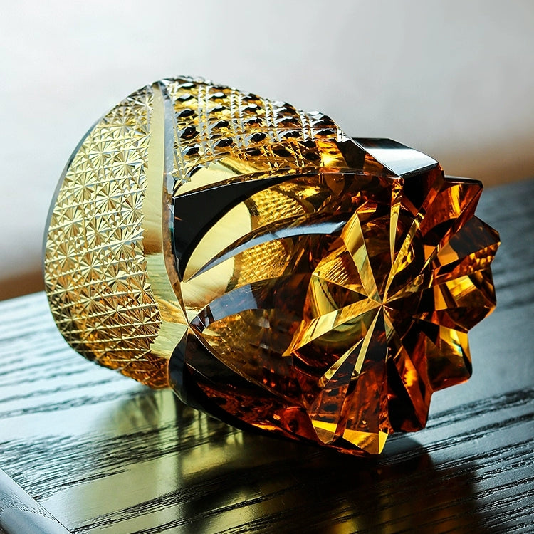Japanese Cut Crystal Whiskey Tumbler with Gift Box | Dark Amber Hand-Etched Old Fashioned Glass for Scotch Bourbon Spirits | Medieval Knight