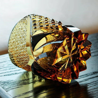 Japanese Cut Crystal Whiskey Tumbler with Gift Box | Dark Amber Hand-Etched Old Fashioned Glass for Scotch Bourbon Spirits | Medieval Knight
