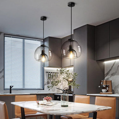 Gray Tinted Glass Drop Light with Adjustable 59-Inch Cord for Kitchen Island, Dining Area & Bedroom – E27 Socket Ceiling Fixture